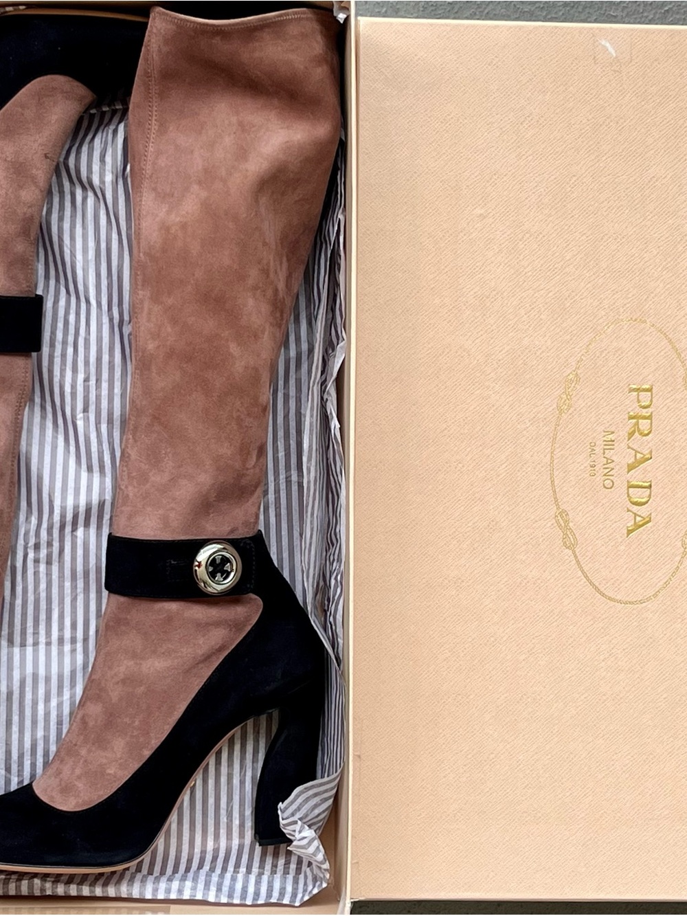 Prada Suede Mary Jane Knee High Boots Black and Brown